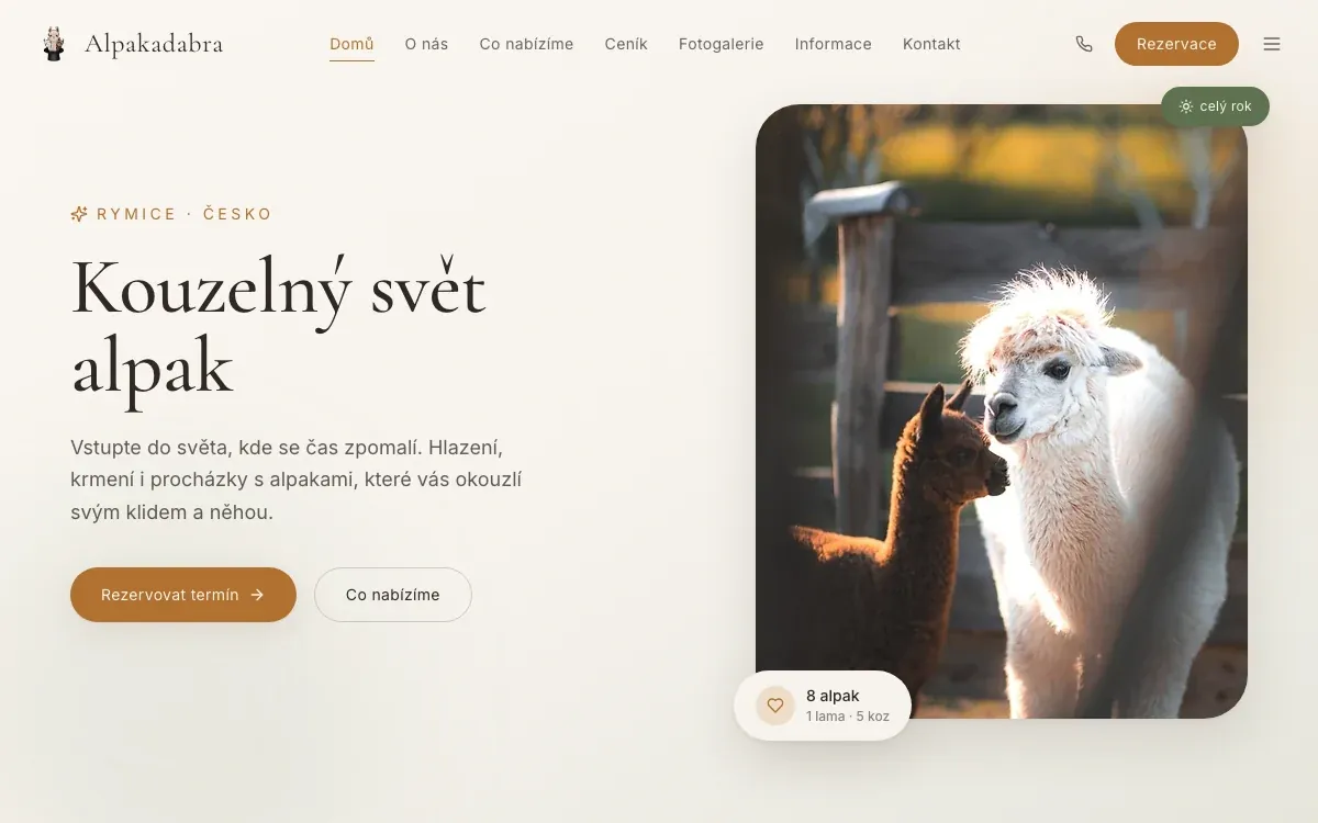 Web Alpakadabra – úvodní stránka