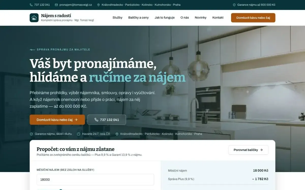 Web Nájem s radostí – úvodní stránka
